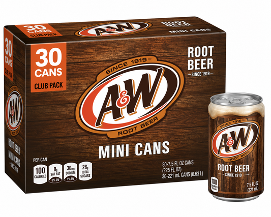 A&W Root Beer Mini Cans Club Pack (30 ct, 7.5 oz) bulk pack available from Crabtree Supply. Fast local delivery and nationwide shipping.