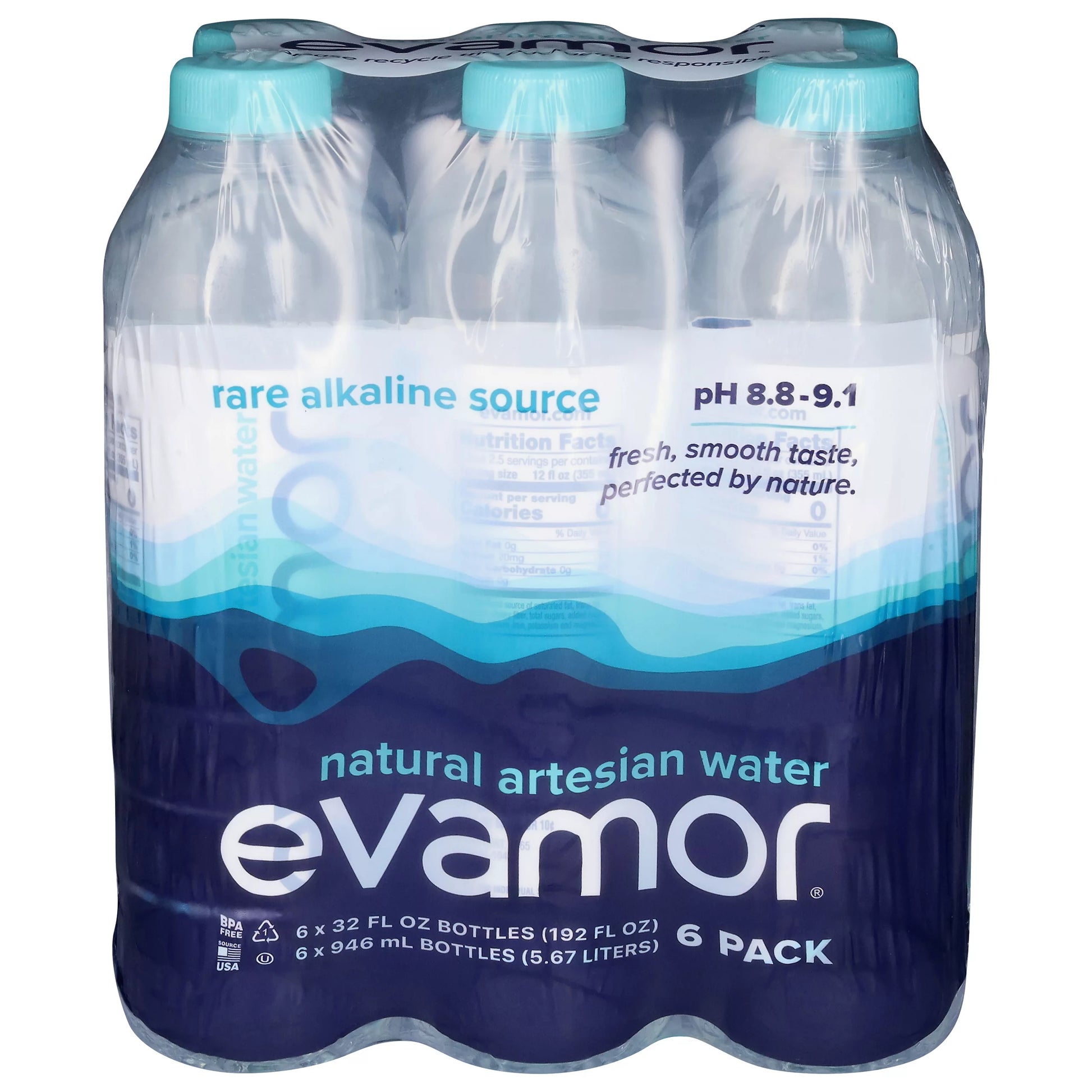 Evamor Natural Artesian Water, 6 pack of 32 fl. oz. bottles