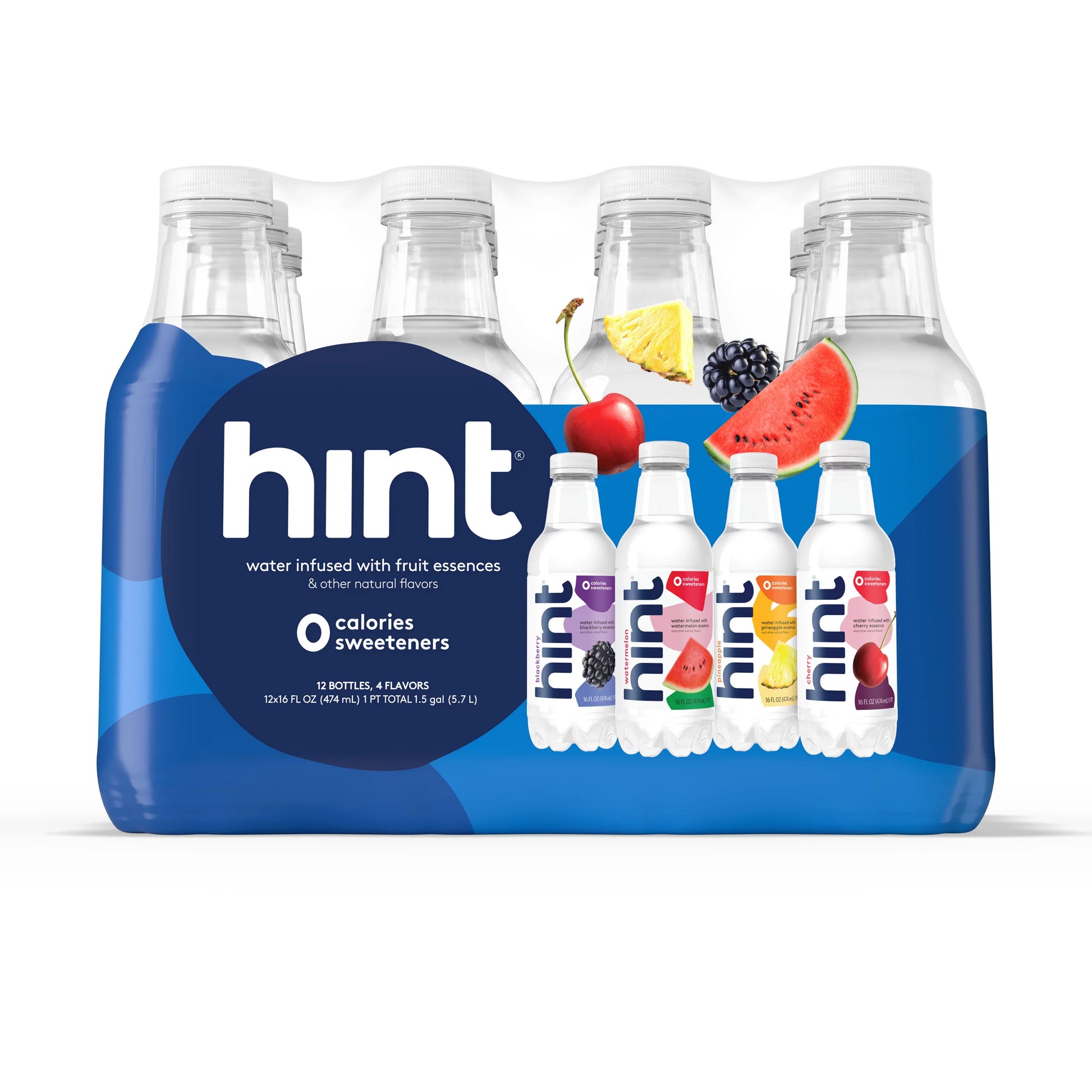 Hint Bottled Water 4-Flavor Blue Variety Pack, case of 12 x 16 fl. oz. bottles