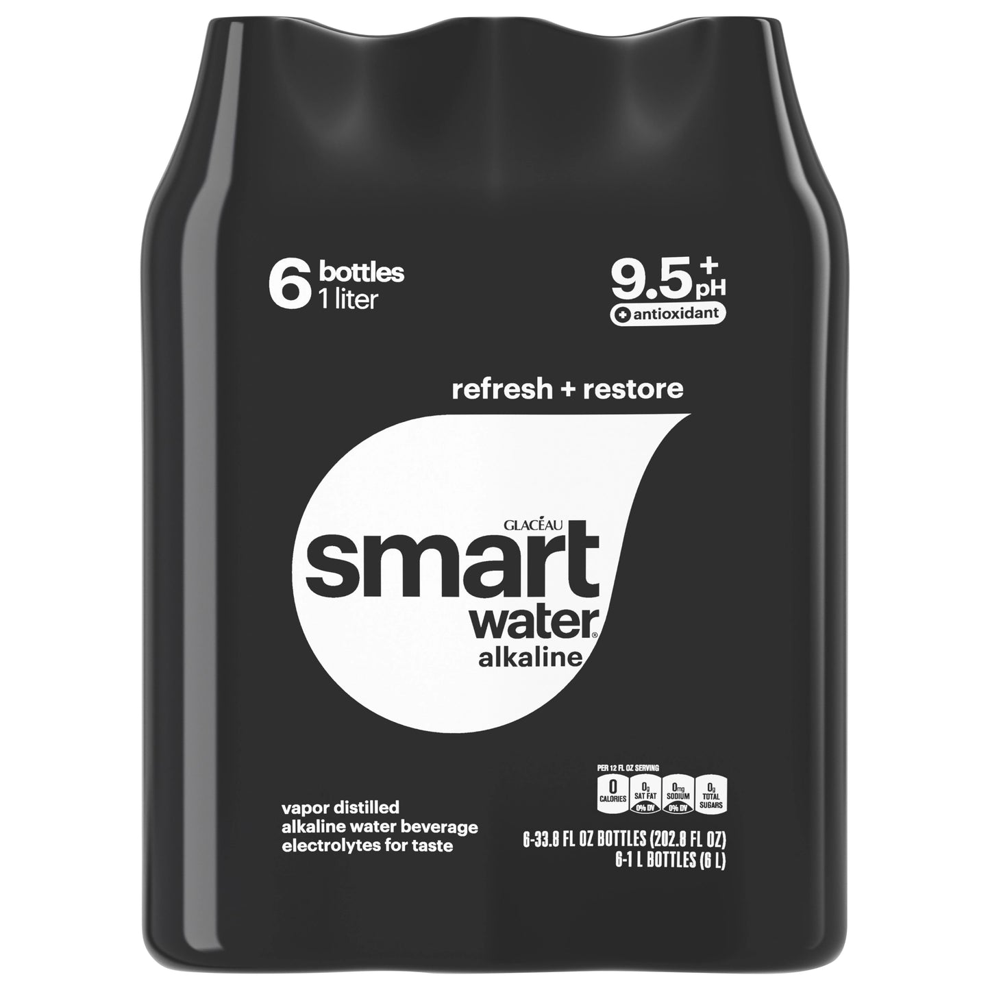 Smartwater 9.5+ pH Vapor Distilled Alkaline Water, 6 pack of 33.8 fl. oz. bottles
