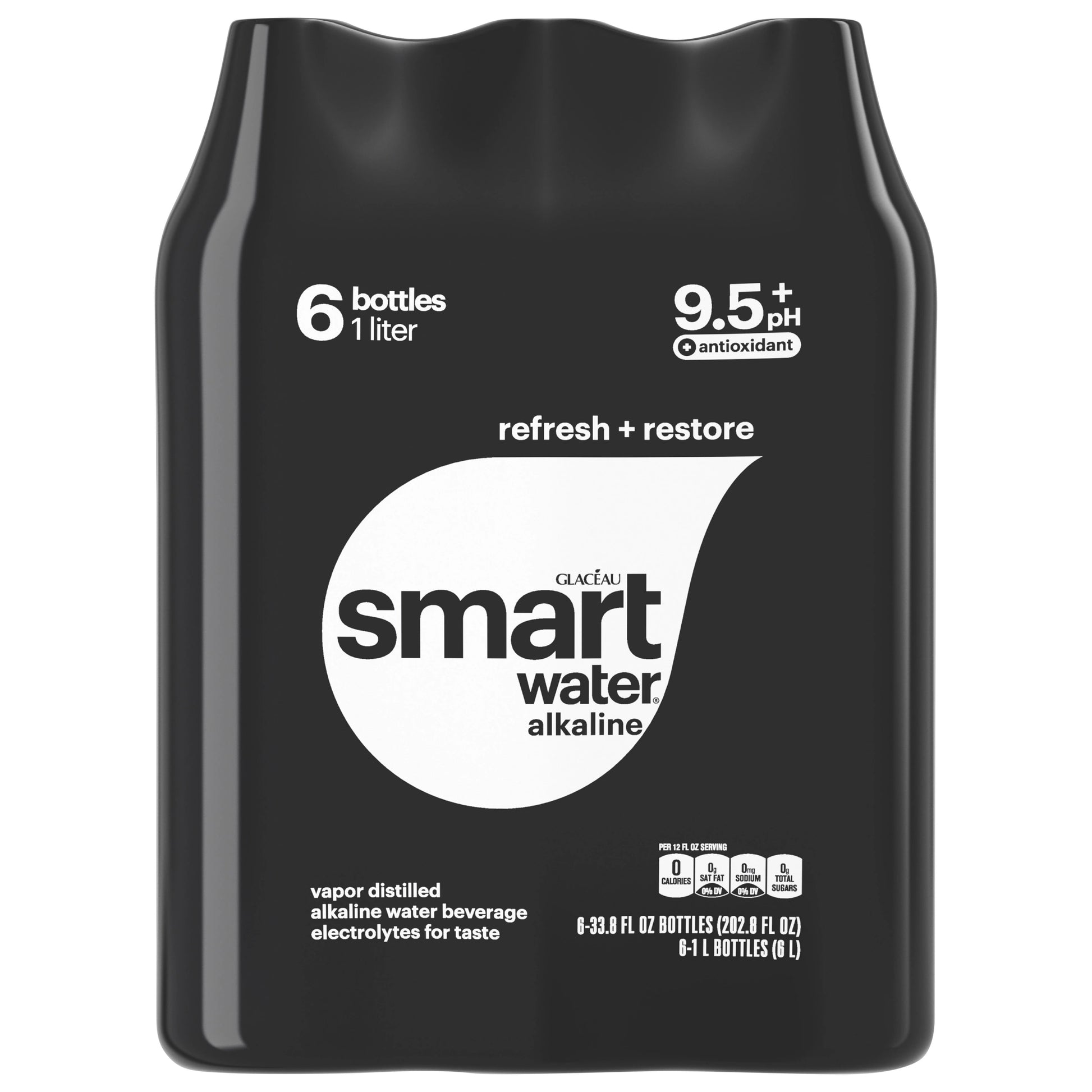 Smartwater 9.5+ pH Vapor Distilled Alkaline Water, 6 pack of 33.8 fl. oz. bottles