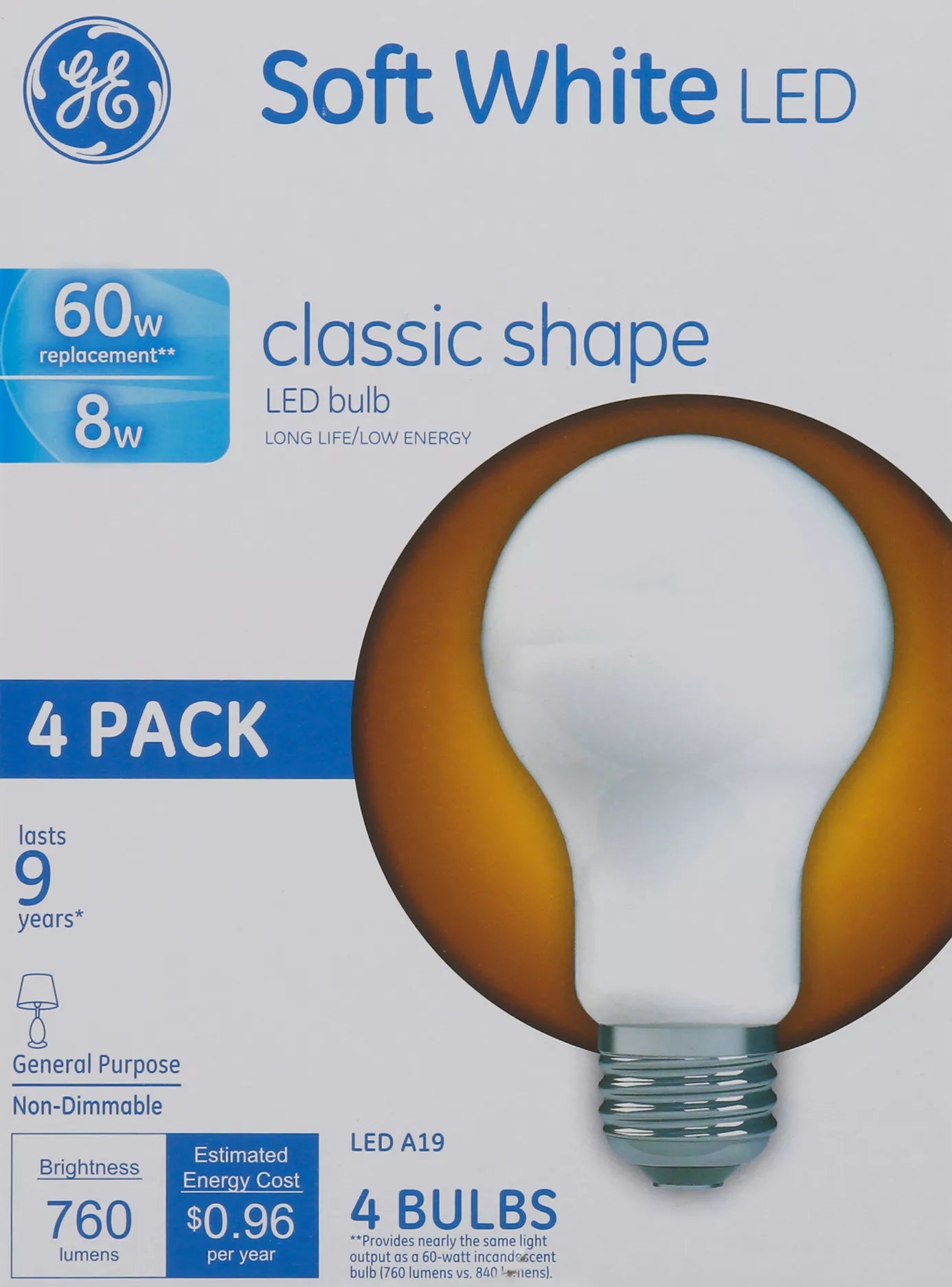 GE Light Bulbs, LED, Classic Shape, Soft White, 8 Watts, 4 Pack 4 each