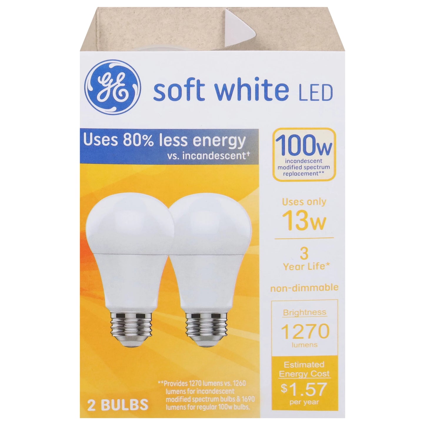 GE Light Bulbs, LED, Soft White, 100 Watts 2 each