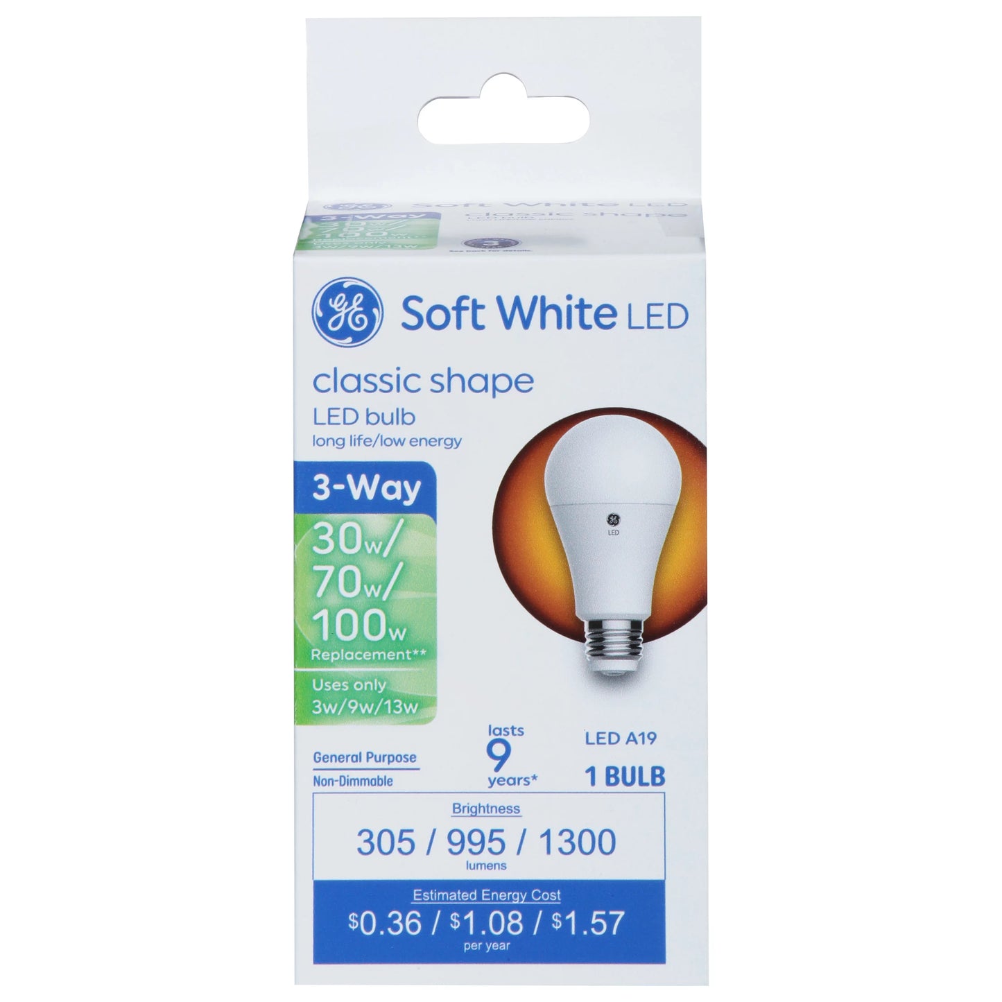 GE Light Bulb, LED, 3-Way, Soft White, Classic Shape, 3/9/13 Watts 1 each