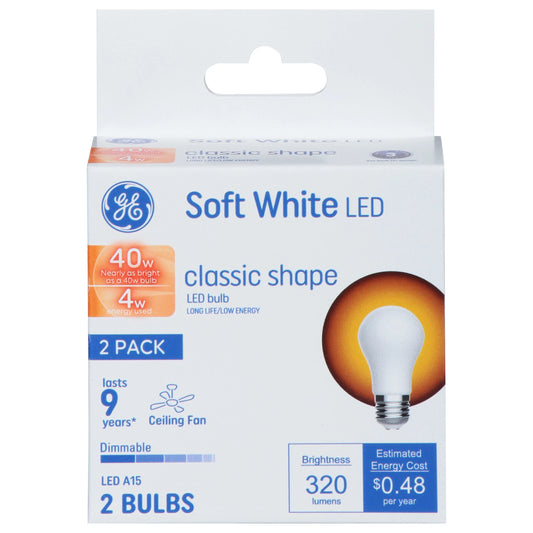 GE Light Bulb, LED, Soft White, 4 Watts, Classic Shape, 2 Pack 2 each