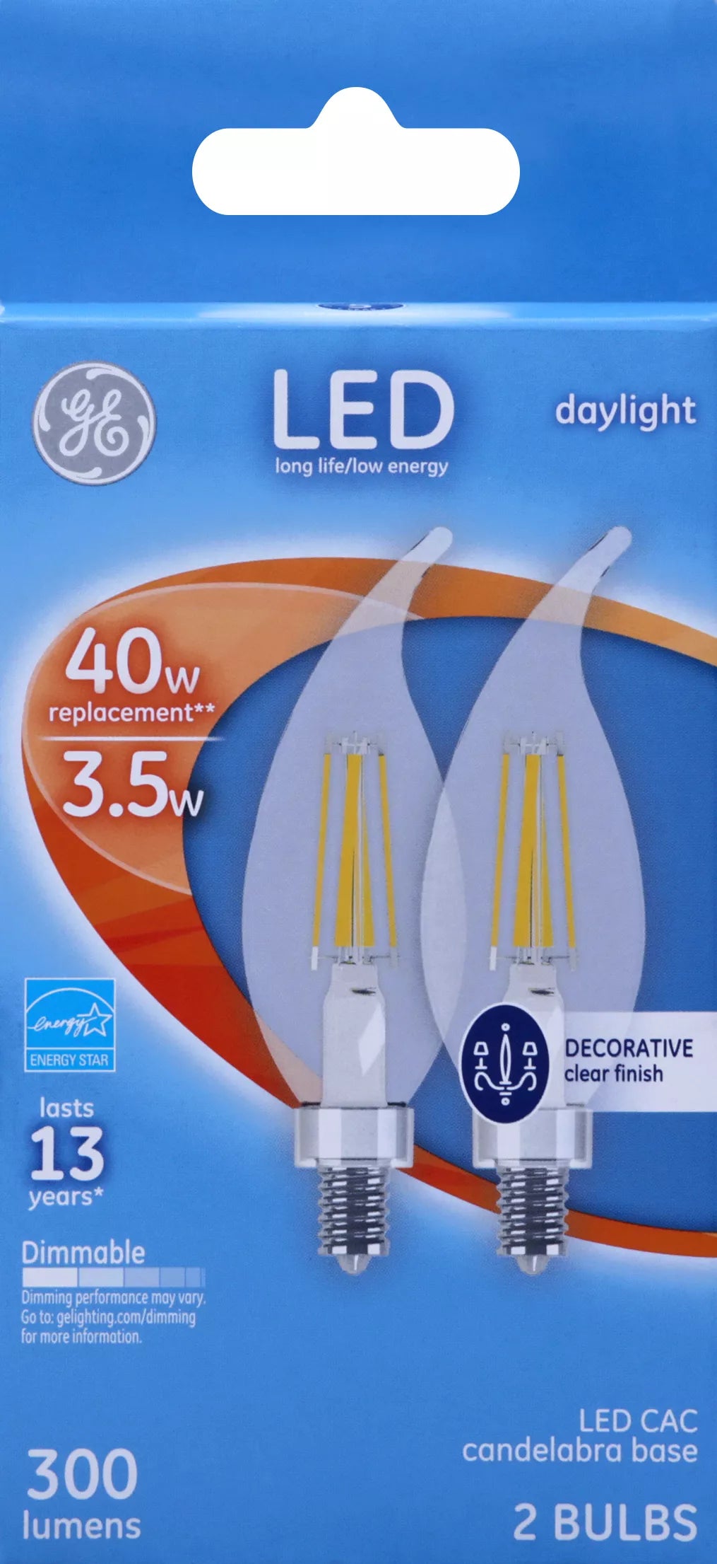 GE Light Bulbs, LED CAC, Candelabra Base, Daylight, 3.5 Watt 2 each