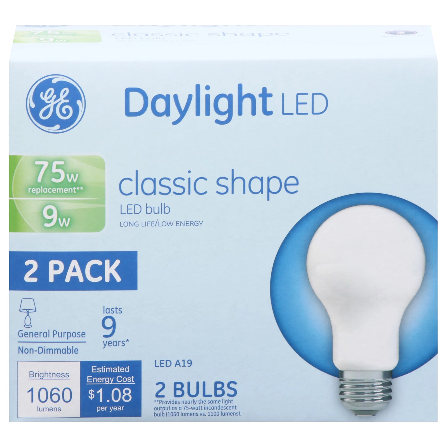 GE Light Bulbs, LED, Daylight, Classic Shape, 9 Watts, 2 Pack 2 each
