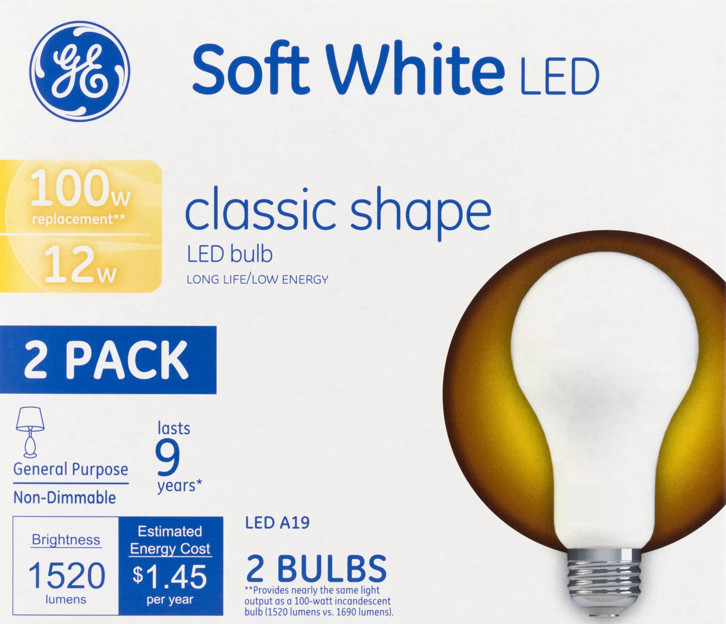 GE Light Bulbs, LED, Soft White, Classic Shape, 12 Watts, 2 Pack 2 each