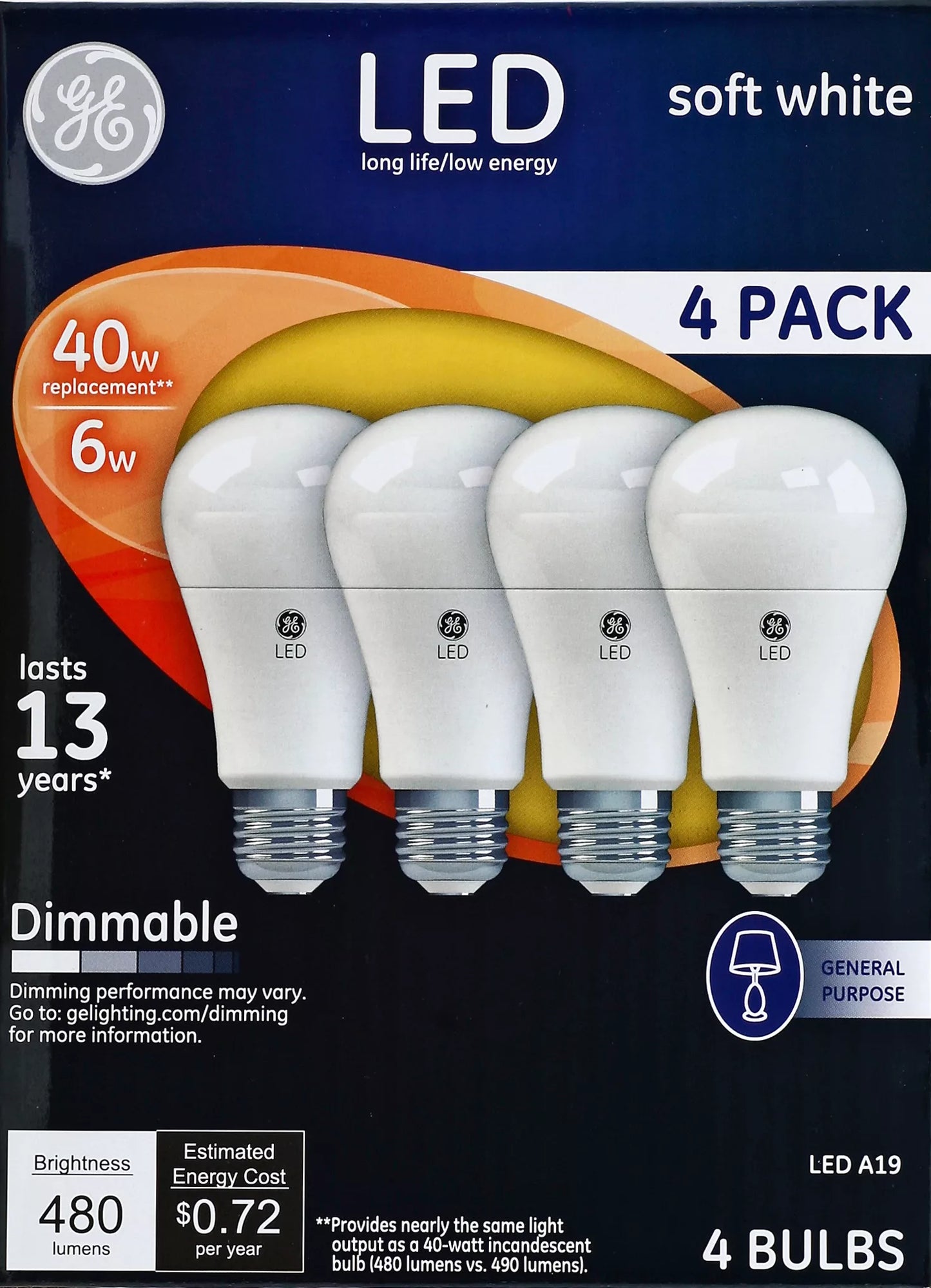 GE Light Bulbs, LED, Soft White, 6 Watts, 4 Pack 4 each