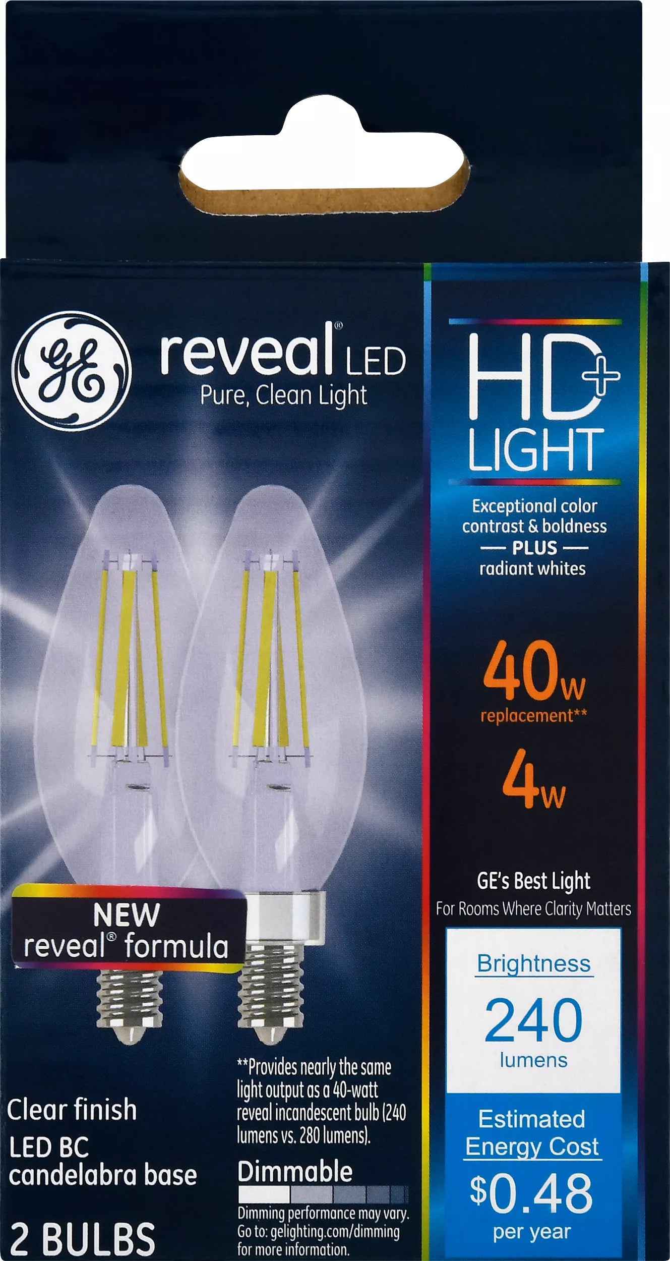 GE Reveal HD Light Bulbs, LED BC, Clear Finish, 4 Watts 2 each