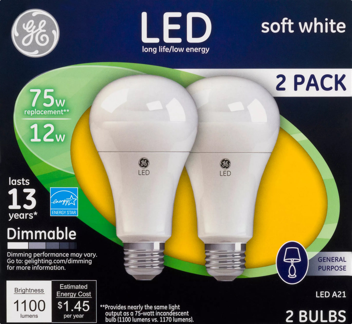 GE Light Bulbs, LED, Soft White, 12 Watts, 2 Pack 2 each