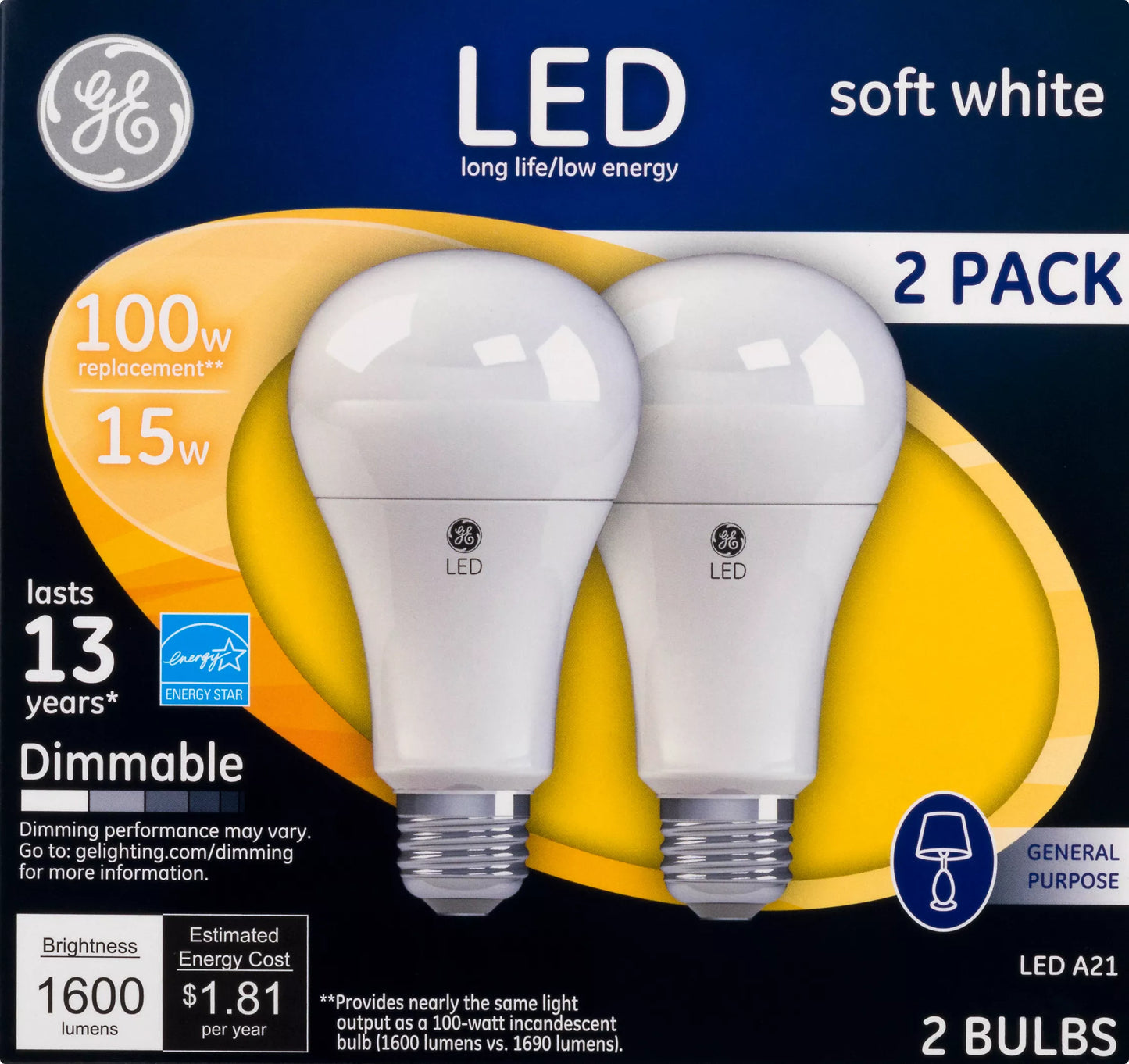 GE Light Bulbs, LED, Soft White, 15 Watts, 2 Pack 2 each