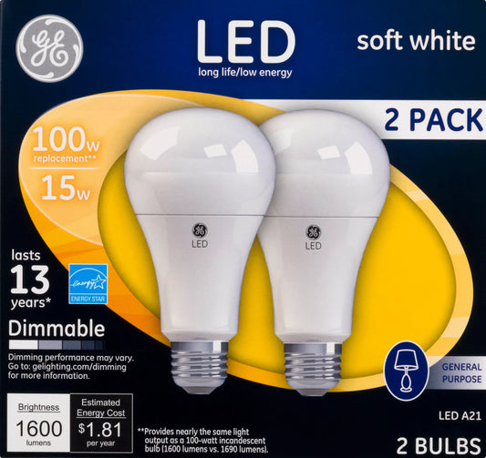GE Light Bulbs, LED, Soft White, 15 Watts, 2 Pack 2 each
