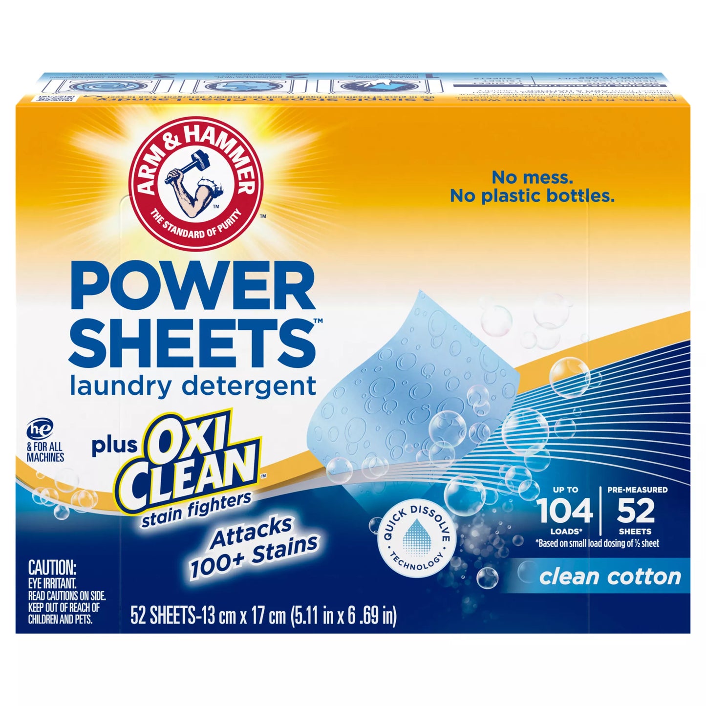 Arm & Hammer Power Sheets Oxi Clean Pre-Measured Sheets Clean Cotton Laundry Detergent 52 ct.
