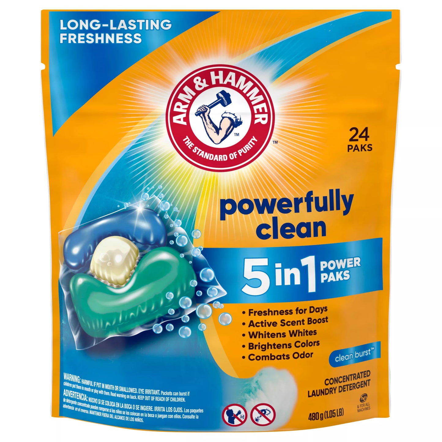 Arm & Hammer Laundry Detergent, Concentrated, Clean Burst, 5 in 1, Power Paks 24 ct.