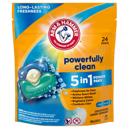 Arm & Hammer Laundry Detergent, Concentrated, Clean Burst, 5 in 1, Power Paks 24 ct.