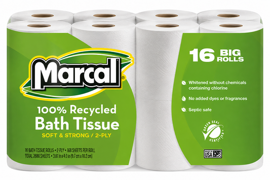 Marcal 100% Recycled Bath Tissue, 2-Ply, 168 Sheets, 96 Rolls