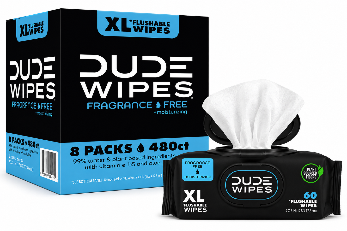 DUDE Wipes Fragrance-Free + Moisturizing XL Flushable Wipes, 480 Wipes
