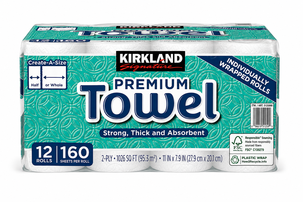 Kirkland Signature Paper Towels, 2-Ply, 160 Sheets, 12 Individually Wrapped Rolls