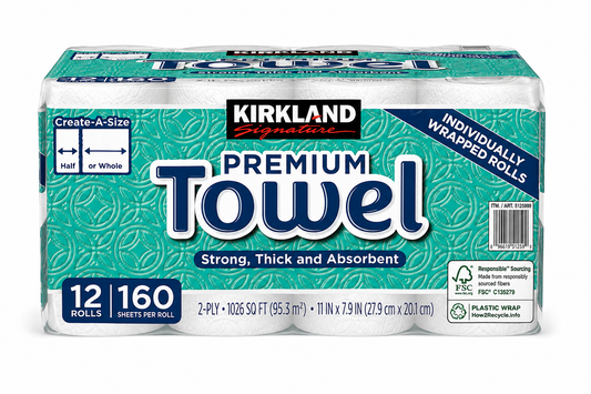 Kirkland Signature Paper Towels, 2-Ply, 160 Sheets, 12 Individually Wrapped Rolls