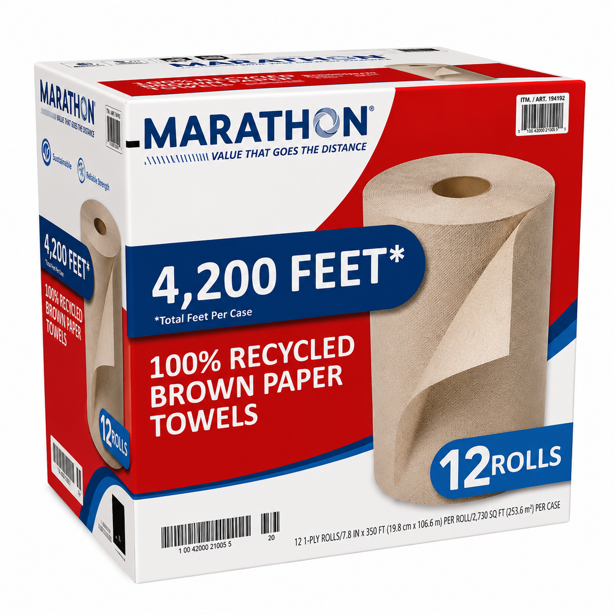Marathon 100% Recycled Paper Towel, Brown, 1-Ply, 350 ft Rolls, 12-count