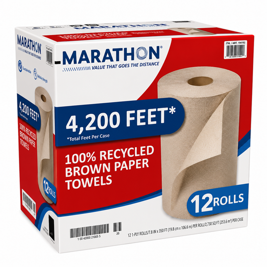 Marathon 100% Recycled Paper Towel, Brown, 1-Ply, 350 ft Rolls, 12-count