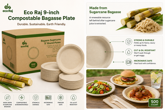 Eco Raj Compostable Bagasse Plate, 9-Inch, 500-Count