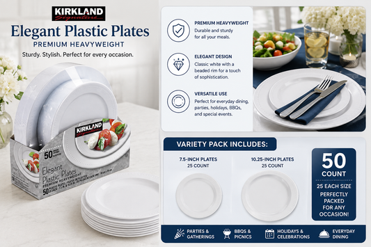 Kirkland Signature Elegant Plastic Plates, Variety Pack, White, 50-count