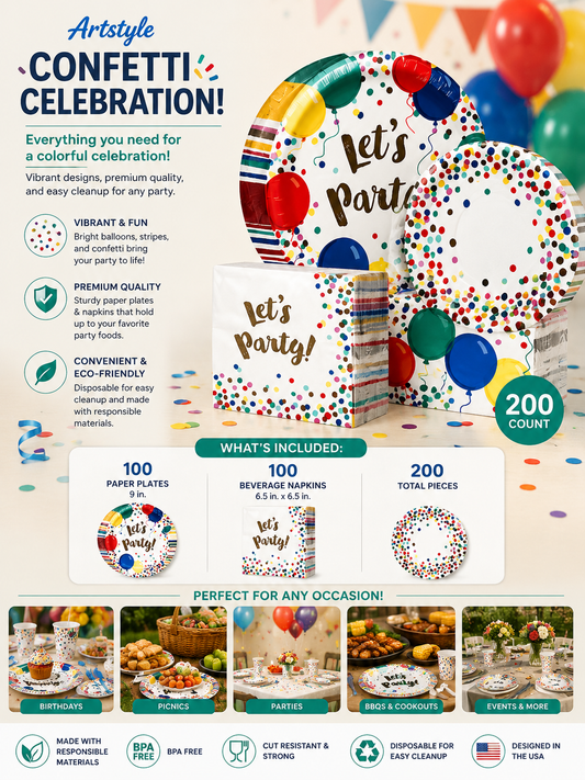 Artstyle Paper Plate & Napkin Bundle, Confetti Celebration, 200-count