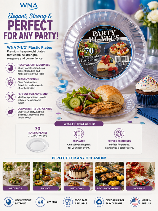 WNA Elegant Fluted Heavyweight Plastic Party Plates, 7.5", Clear, 70-Count