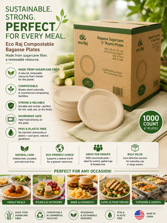 Eco Raj Compostable Bagasse Plate, 6-Inch, 1000-Count