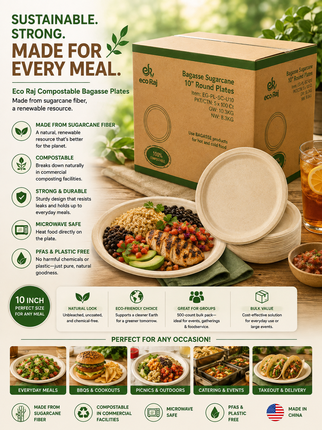 Eco Raj Compostable Bagasse Plate, 10-Inch, 500-Count