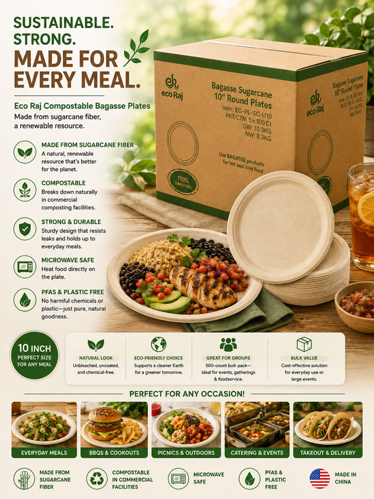 Eco Raj Compostable Bagasse Plate, 10-Inch, 500-Count