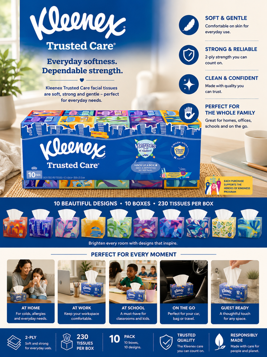 Kleenex Trusted Care Facial Tissue, 2-Ply, 230-Count, 10-Pack