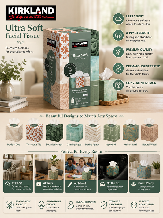 Kirkland Signature Ultra Soft Facial Tissue, 3-Ply, 84-Count, 12-Pack
