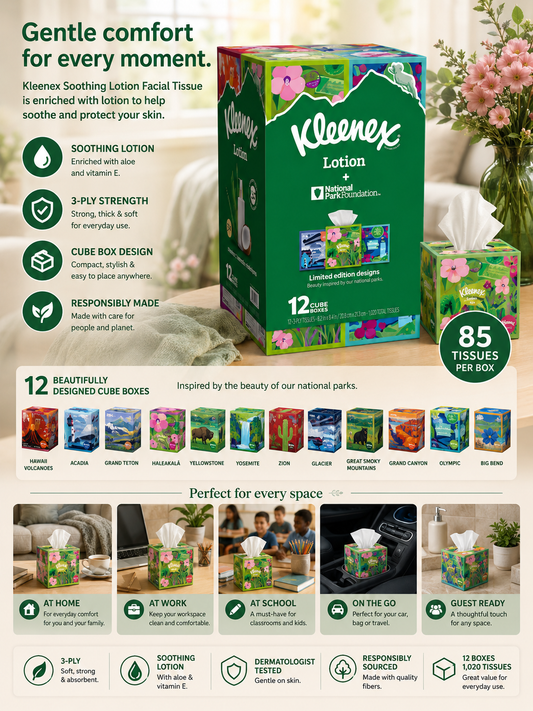 Kleenex Soothing Lotion Facial Tissue, 3-Ply, 85-Count, 12-Pack