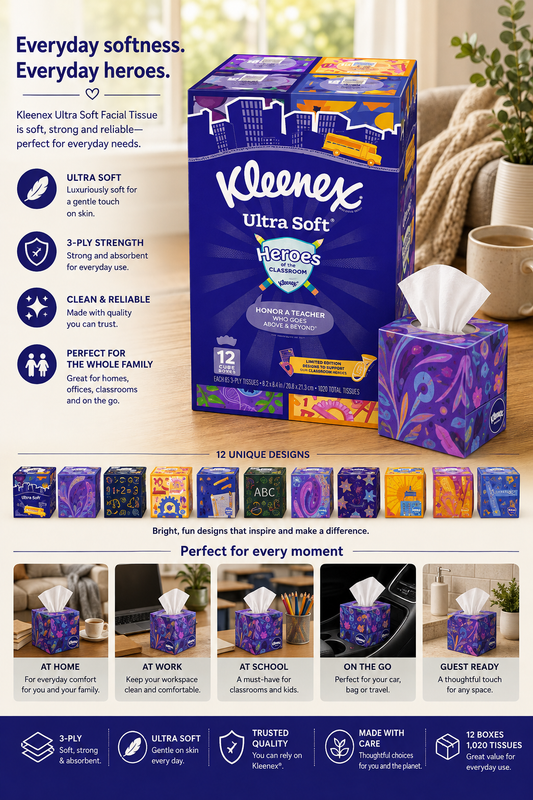 Kleenex Ultra Soft Facial Tissue, 3-Ply, 85-Count, 12-Pack