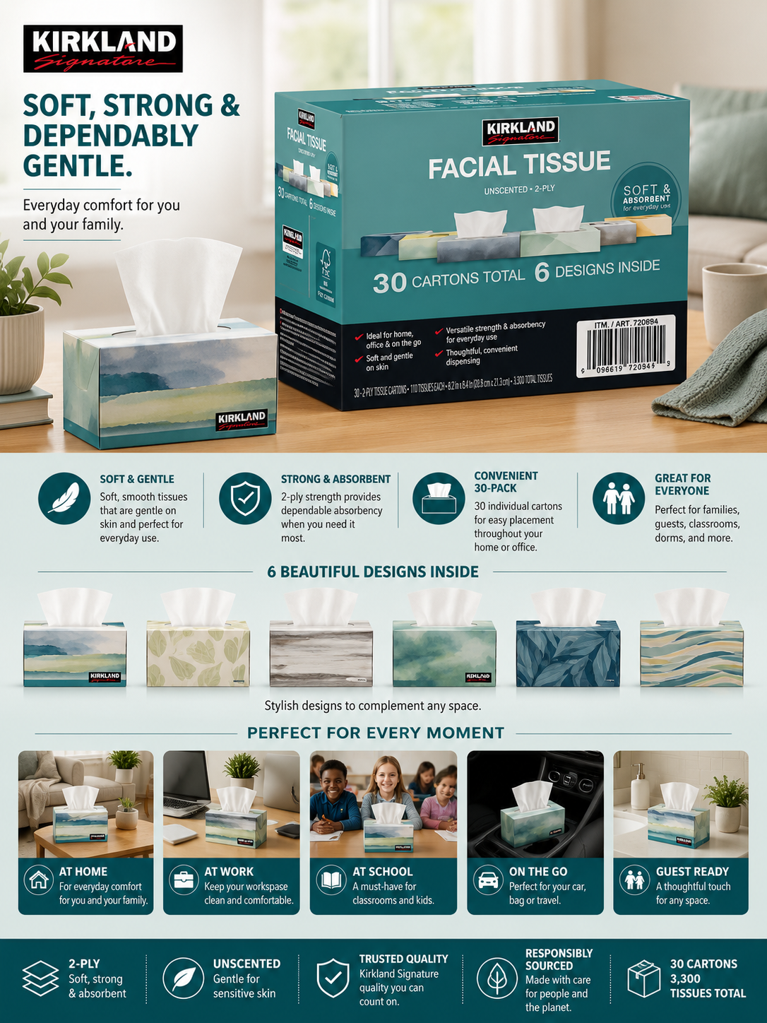 Kirkland Signature Facial Tissue, 2-Ply, 110-Count, 30-Pack