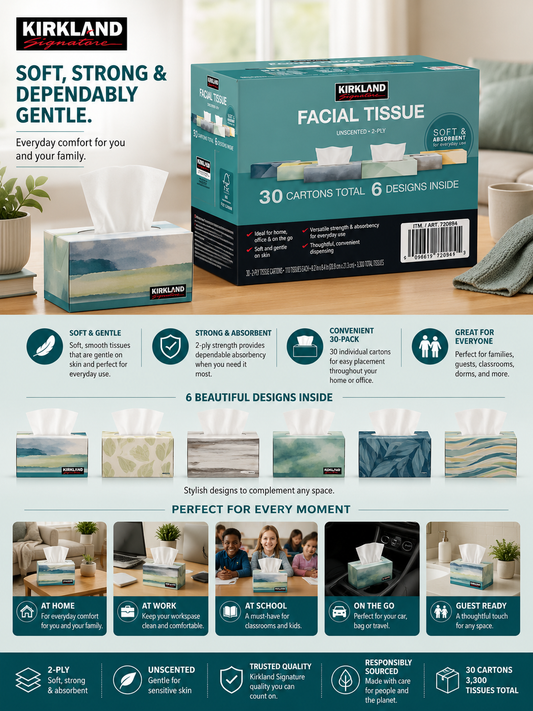 Kirkland Signature Facial Tissue, 2-Ply, 110-Count, 30-Pack