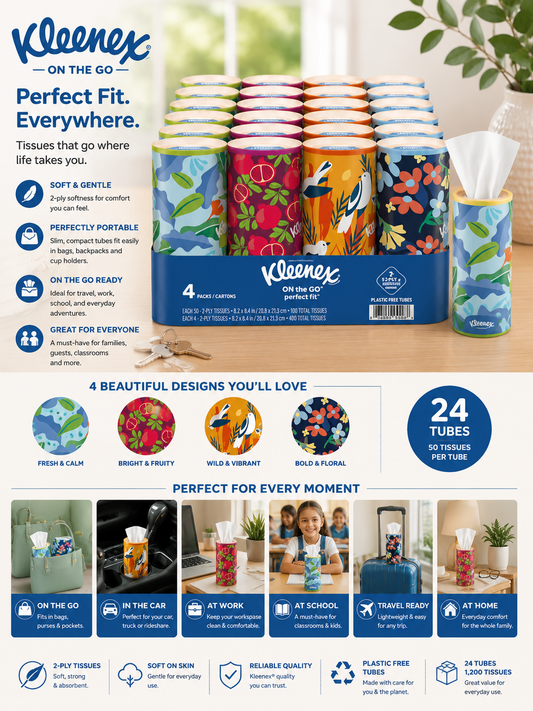 Kleenex On the Go Perfect Fit Facial Tissue, 2-Ply, 50-Count, 24-Pack