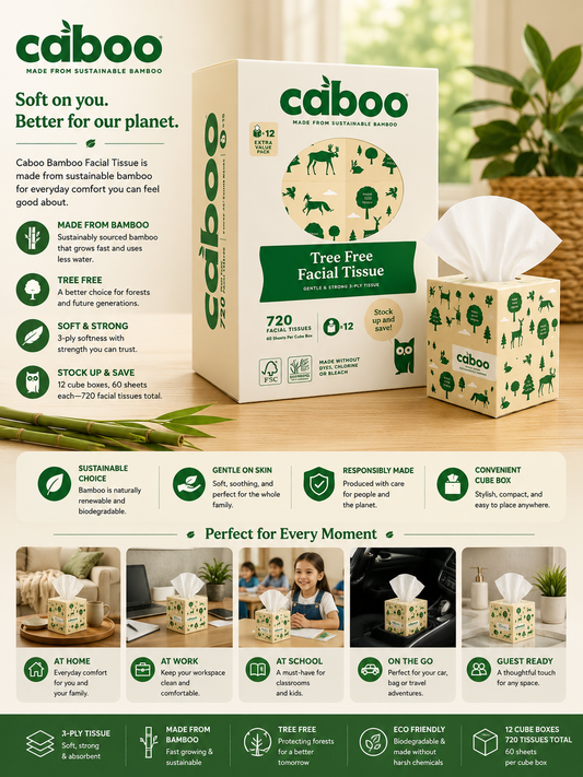 Caboo Bamboo Facial Tissue, 3-Ply, 60-Count, 12-Pack