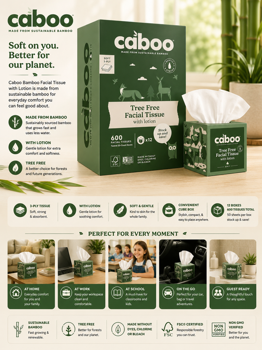 Caboo Bamboo Facial Tissue with Lotion, 3-Ply, 50-Count, 12-Pack