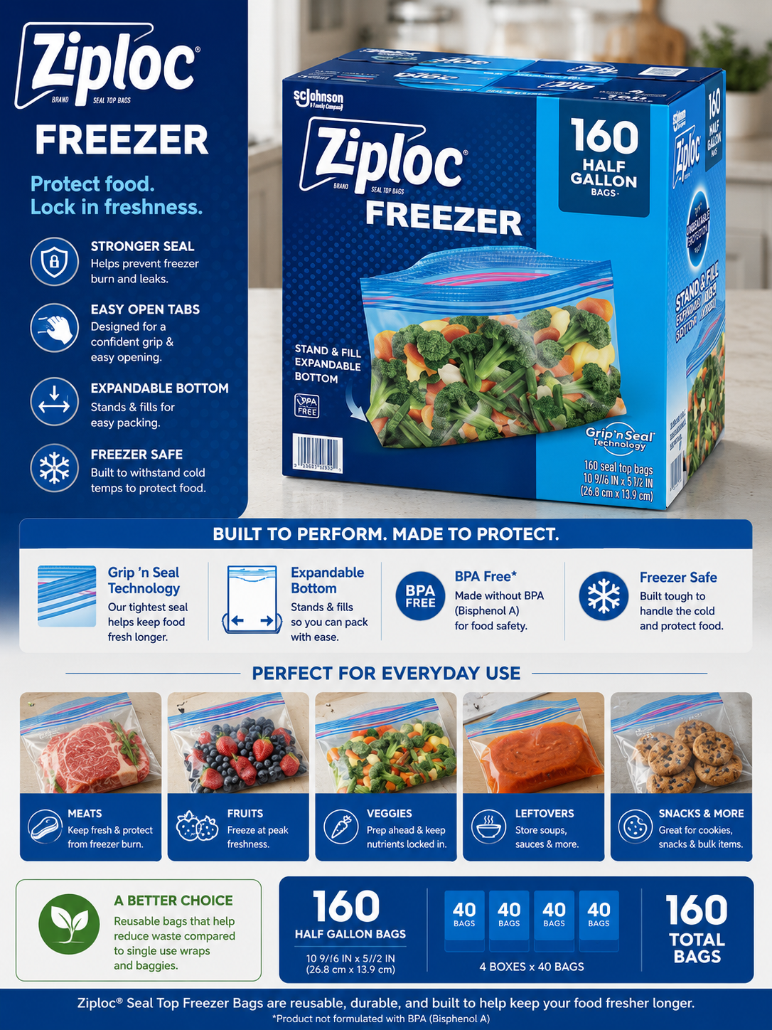 Ziploc Seal Top Freezer Bag, Half Gallon, 160-Count