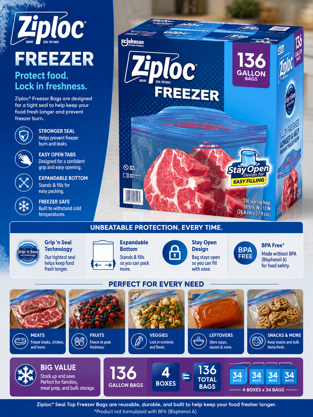 Ziploc Seal Top Freezer Bag, Gallon, 136-Count