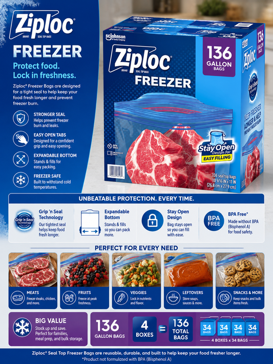 Ziploc Seal Top Freezer Bag, Gallon, 136-Count