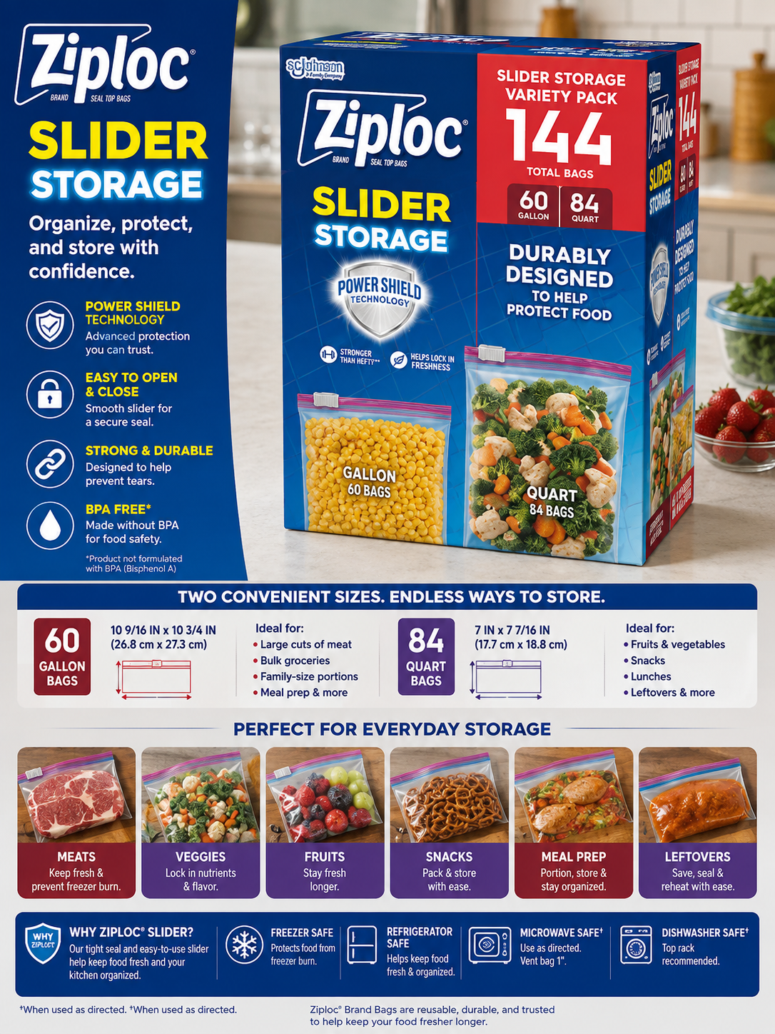 Ziploc Slider Storage Bag, Variety Pack, 144-Count