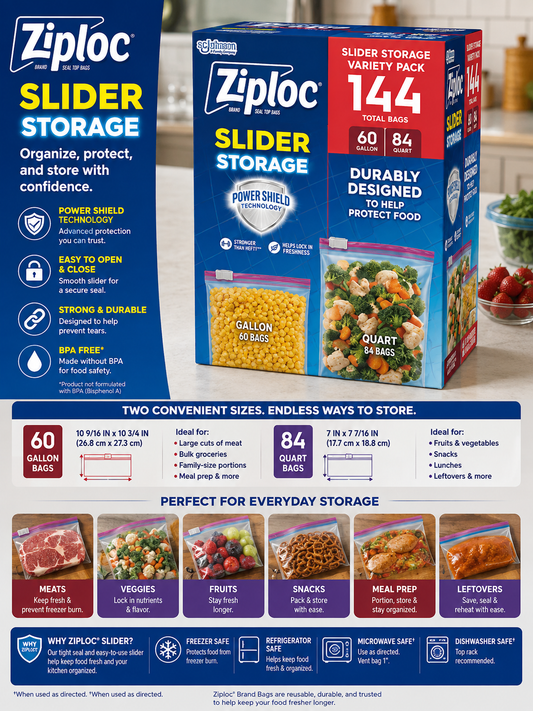 Ziploc Slider Storage Bag, Variety Pack, 144-Count