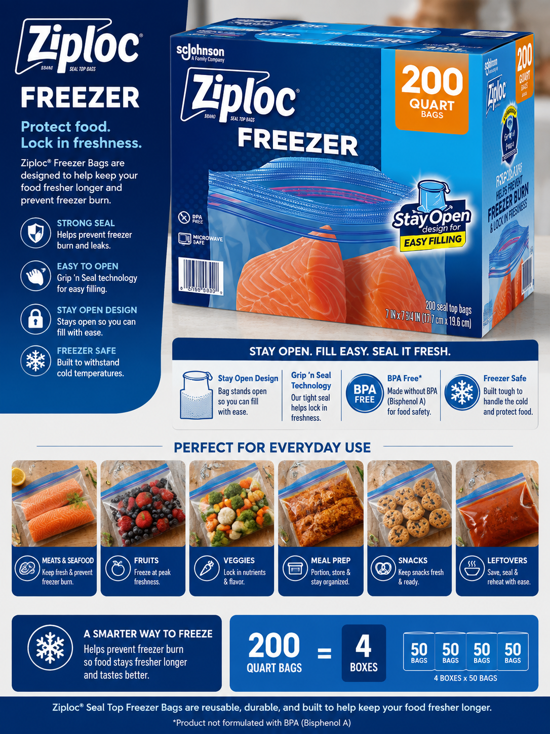 Ziploc Seal Top Freezer Bag, Quart, 200-Count
