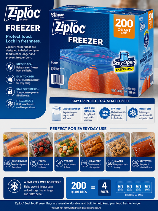 Ziploc Seal Top Freezer Bag, Quart, 200-Count