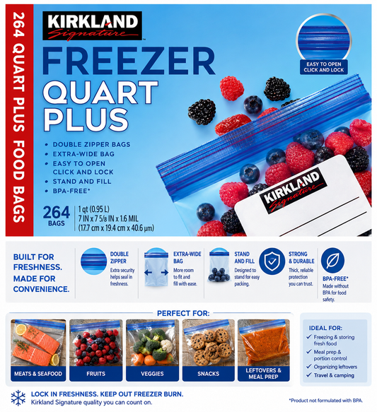 Kirkland Signature Freezer Quart Plus Bags, 264-Count